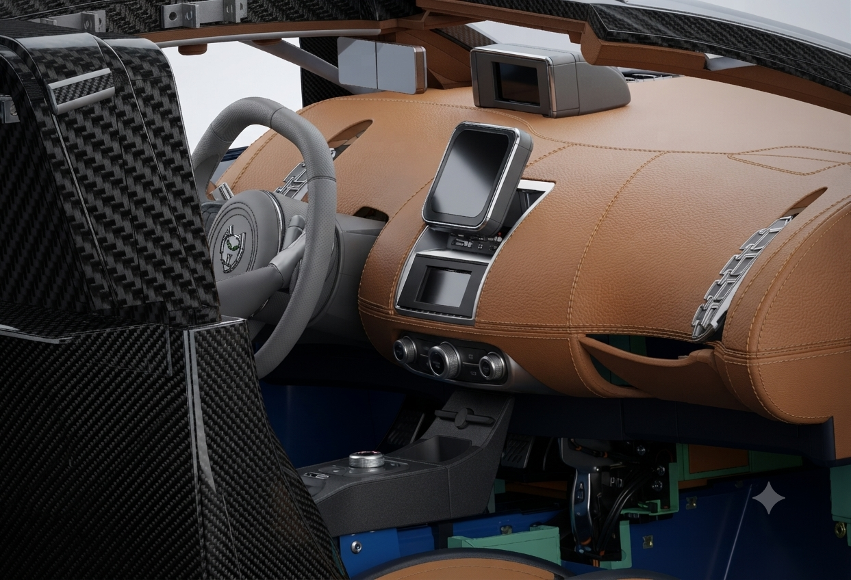 CAT Automotive leather dashboard with infotainment screens