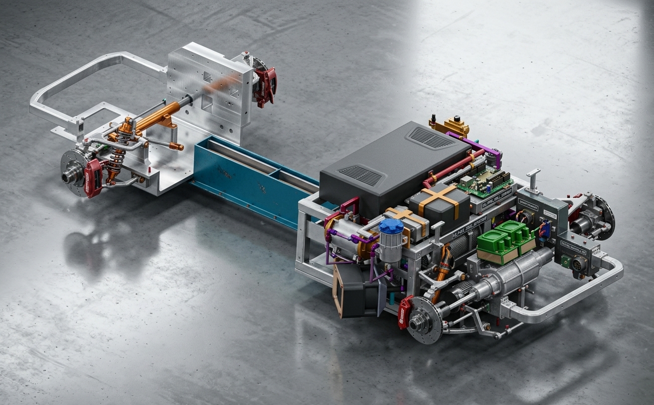 CAT Automotive rolling chassis — hydrogen fuel cell, battery, motor and suspension