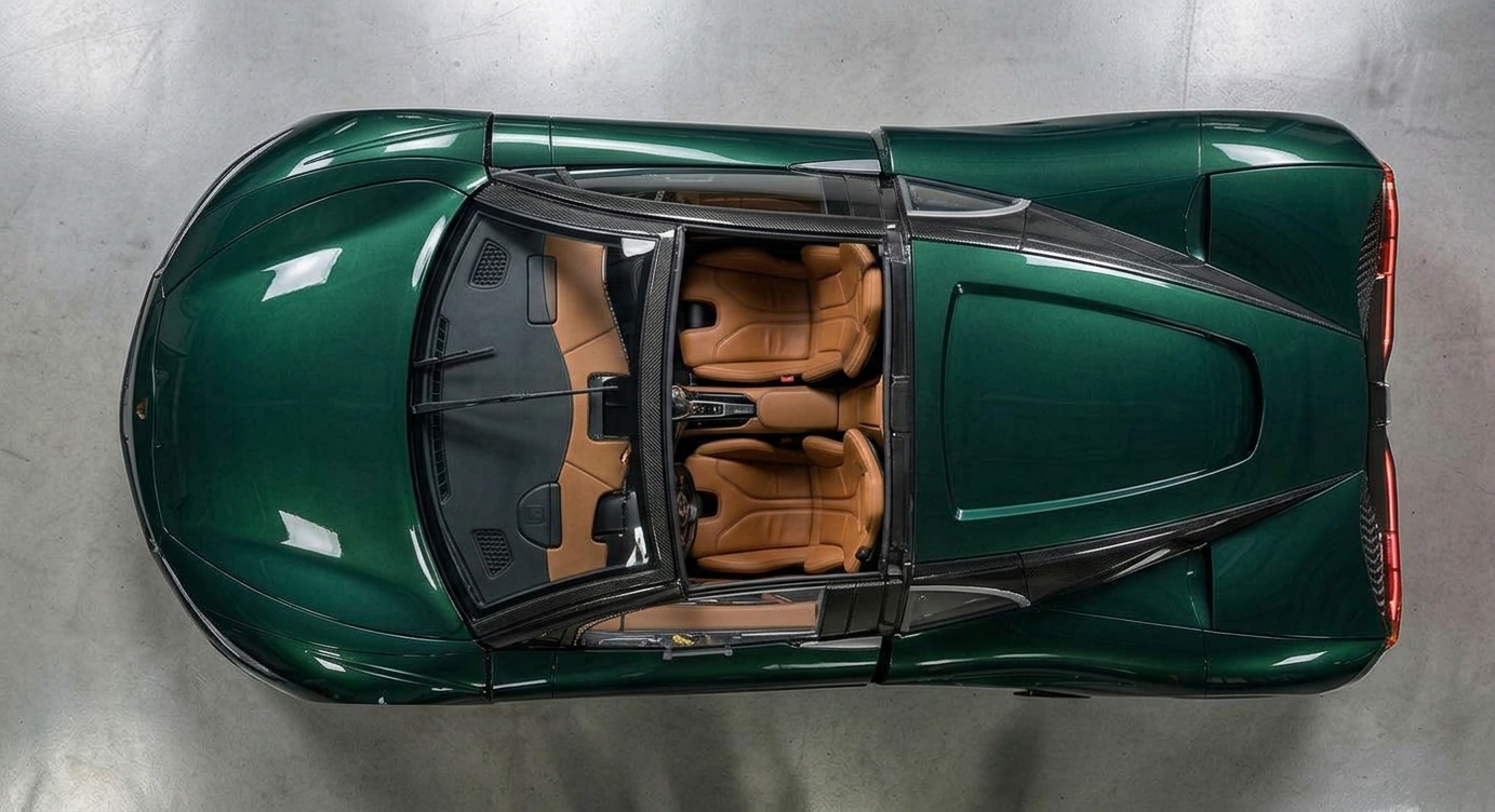 CAT Automotive — top-down view, British Racing Green body and tan interior