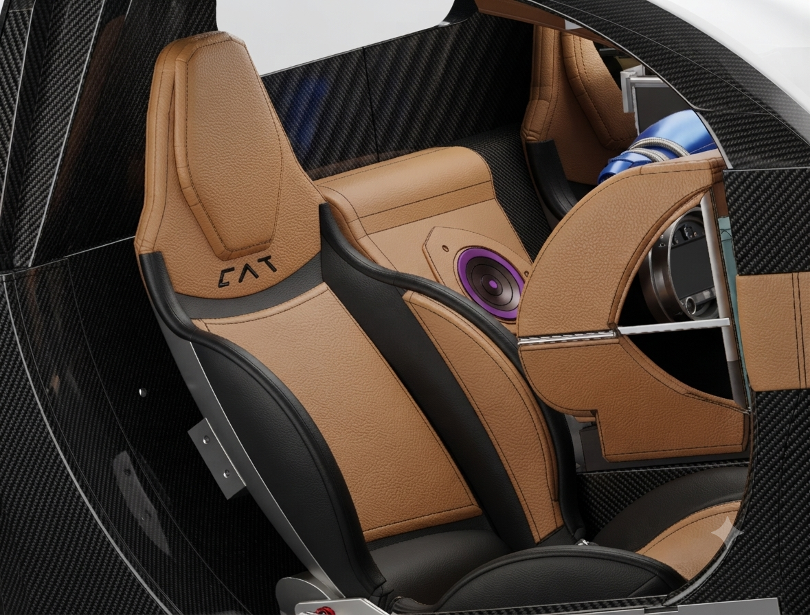 CAT Automotive leather seat with CAT branding and carbon fiber monocoque