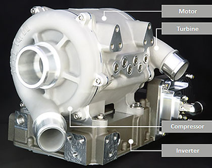 CAT Automotive turbocompressor — motor, turbine, compressor and inverter