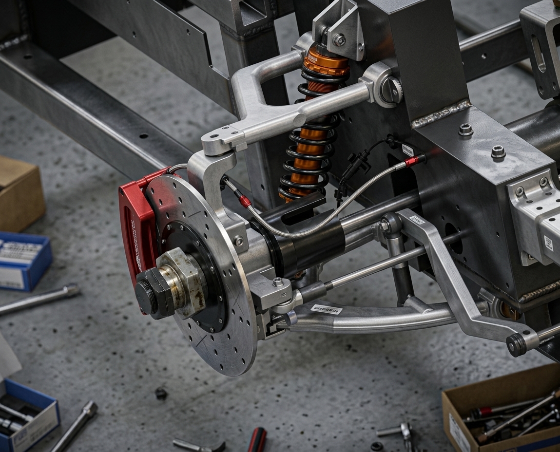 Double wishbone suspension with coilover and drilled brake rotor